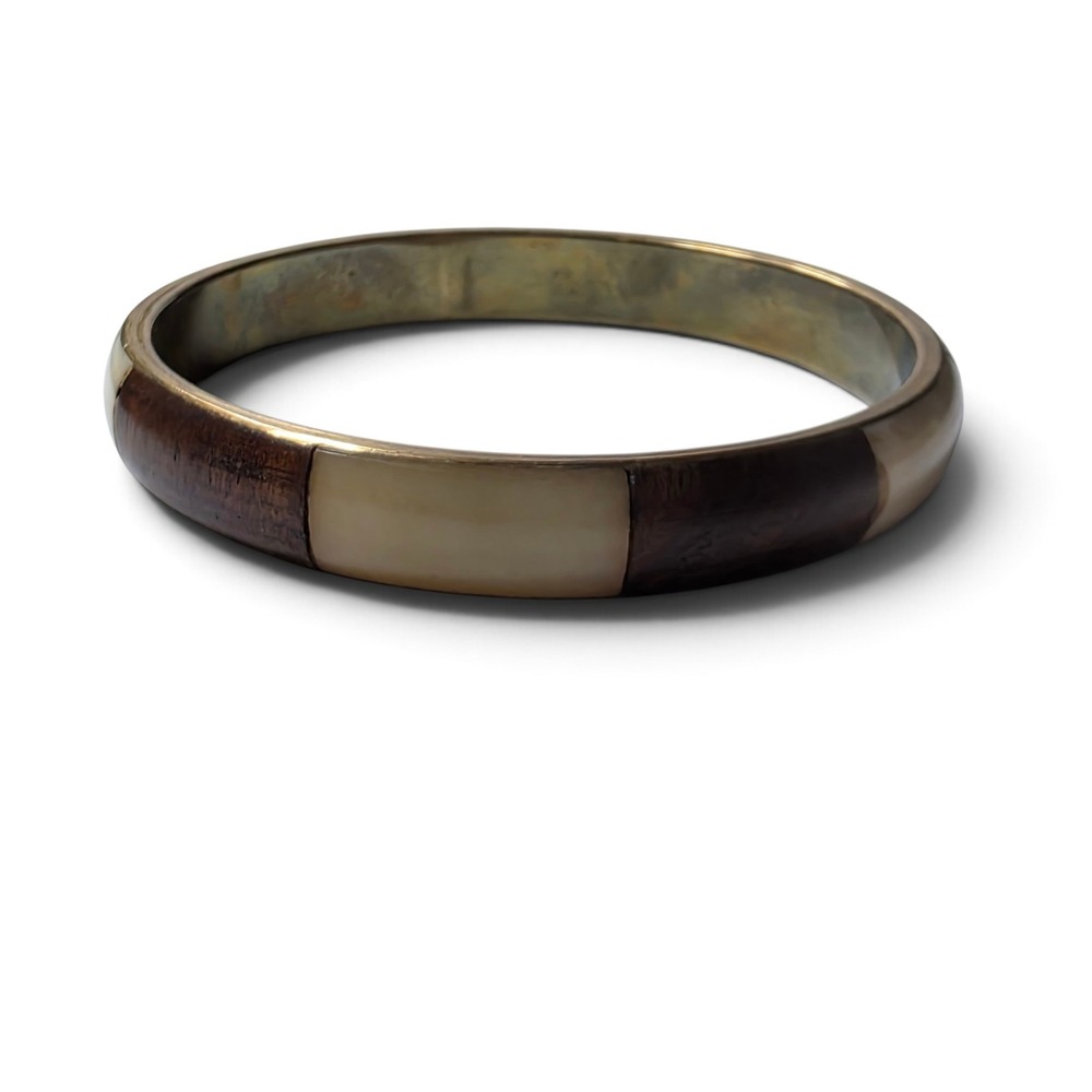 Vintage 1970s Brass Bangle Bracelet Faux Bone Wood Alternating Panel Boho Retro